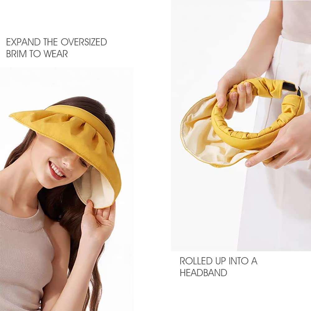 PALAY 2 in 1 Wide Anti-UV Brim Hat for Women Girls, Breathable Wide Brim Hat,Clip On Sun Visors Wide Brim Hat, Roll Up Hat (Yellow)