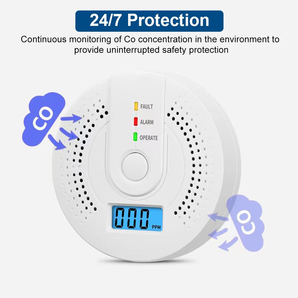HASTHIP Carbon Monoxide Detector Carbon Monoxide Alarm Detectors with Digital Display & LED Lights, 85DB Loud Alarm CO Alarm Detector for Kitchen, Room, Battery Operated (Battery Not Included)