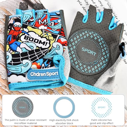 Proberos® Surfing Boy Kids Bike Gloves Size S for 4-8 Years Old Anti-Slip Breathable Fingerless Cartoon Print Riding Sport Children's Bicycle 3PCS