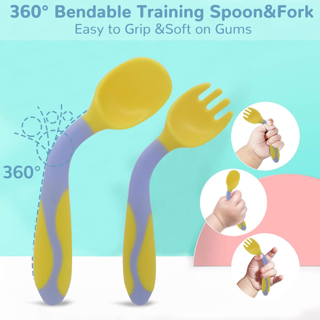 ELEPHANTBOAT 4Pcs Baby Plates for Baby with Cover, Fork, Spoons and Straws- Suction Cup Bowl Set- Self Feeding for Toddler -Training Dinnerware, Dishwasher & Microwave Safe, BPA Free