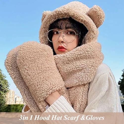PALAY Kawaii Winter Scarf Hat for Girls 3 In 1 Cute Bear Ear Warm Scoodie Scarf Hat Extended Long Scarf & Intergrated Gloves Fashion Winter Scarf Hat Gift for Girls
