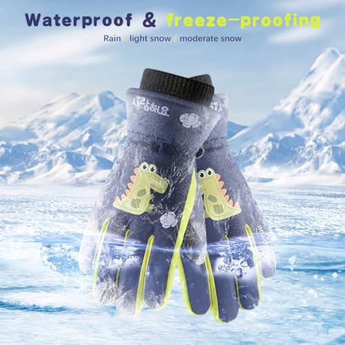 PATPAT Winter Gloves for Kids Warm Ski Gloves Thicken Warm Fleece Lining Waterproof Winter Gloves for Kids 8-12 Years Old Cartoon Dino Printed Outdoor Warm Gloves for Boys & Girls