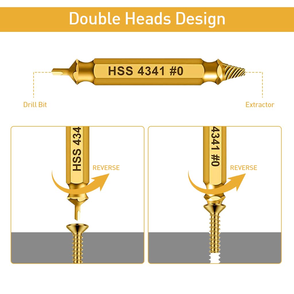 Serplex 5Pcs Screw Extractor High Speed Steel Dual Head Screw Extractor 5 Sizes Screw Extractor for Damaged Screws Nuts & Bolts Drill Bit Tools for Easy Removal of Rusty & Broken Hardware
