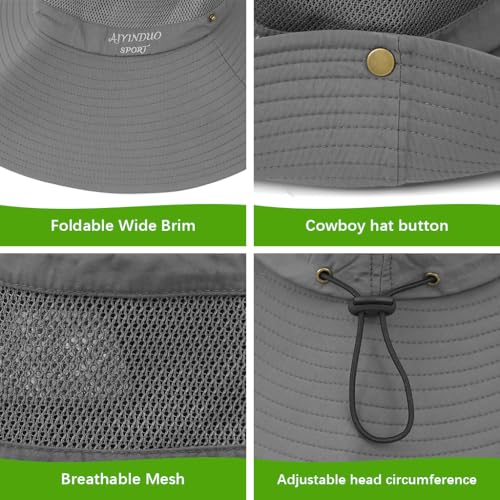 Proberos® UPF50+ Sun Hat With Breathable Mesh, Wide Brim 12CM, Quick Dry Lightweight Fishing Hiking Travel Hat For Men Women Outdoor With Chin Strap, Foldable Sun Protection Hat, Grey 3 PCS