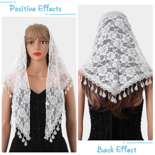 PALAY® Mass Veil for Women Triangle Chapel Mantilla Lace Shawl Embroidery Rose Tassle Scarf Ladies Cathedral Headwear Church Covering White 3 PCS