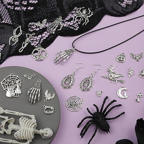 SANNIDHI 80pcs Charms for Jewellery Making, Antique Alloy Silver Pendants, Assorted Skull Pumpkin Bat Witch Jewelry Charms Kit for Necklace Bracelet DIY Halloween Accessory