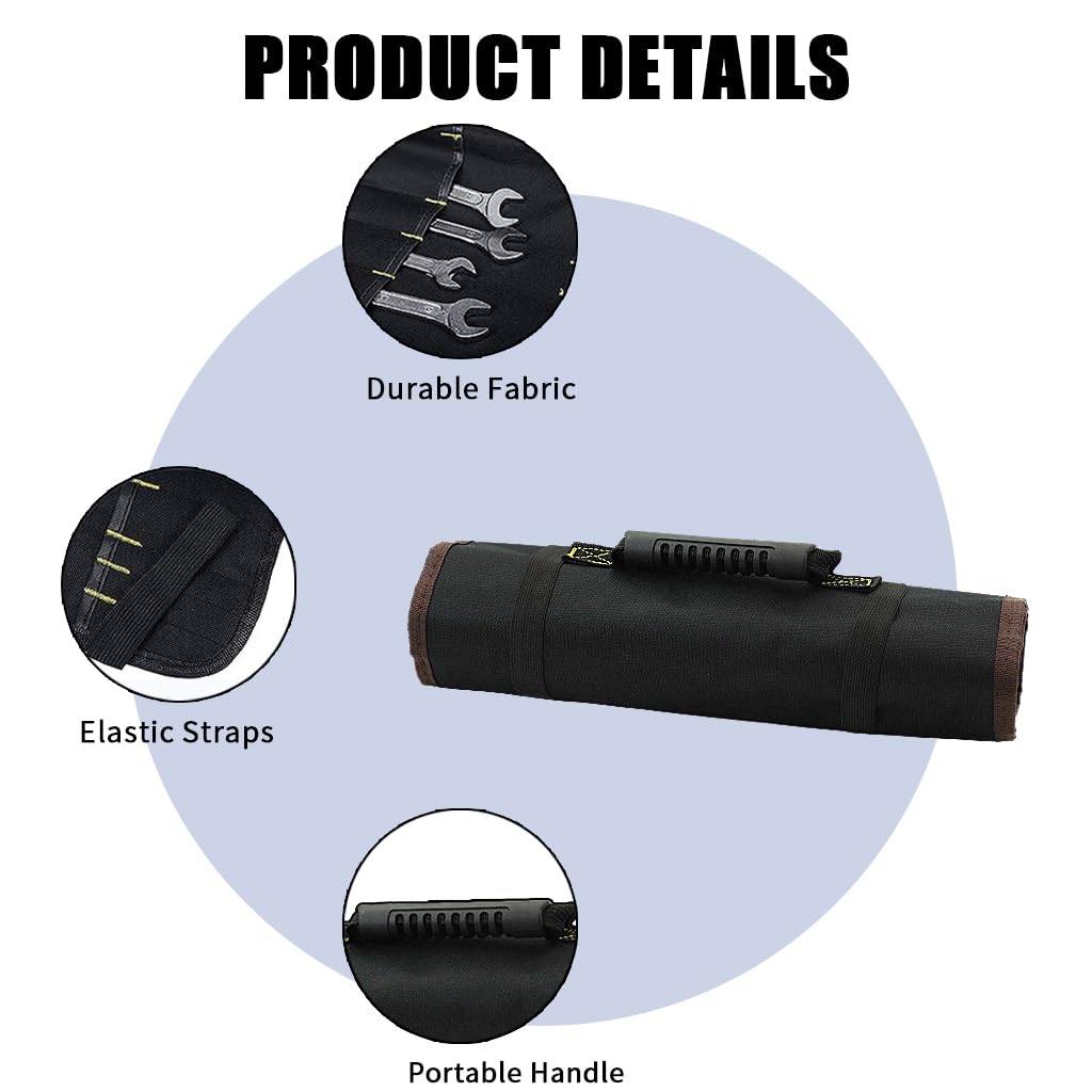 ZIBUYU Tools Bag 22 Pockets Tool Bag for Technician Electrician, Black Roll Up Storage Pouch, Waterproof Oxford Fabric Portable Screwdriver Spanner Tool Wrap Roll Organizer with Lift Handle