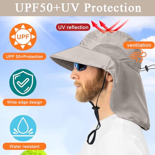 Proberos® Sun Hat UPF50+ Wide Brim with Neck Flap Chin Strap Breathable Mesh Lightweight Foldable UV Cap for Men Women Perfect Hiking Fishing Gardening Travel Beach 3PCS