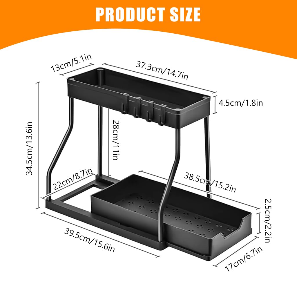 HASTHIP Double Layer Kitchen Organizer with Sliding Drawer Rack, Removable Cutlery Holder, Utility Hooks, and Seasoning Jar Storage, Space-Saving Under Sink Organizer for Small Kitchens (Black)