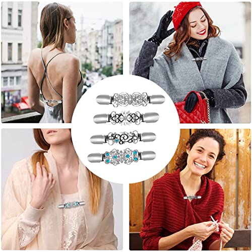 SANNIDHI 4Pcs Sweater Cardigans Clips Shawl Clips Creative Retro Metal Rhinestone Dress Shirt Collar Clips Clasps for Women, Back Cinch Clip for Clothing