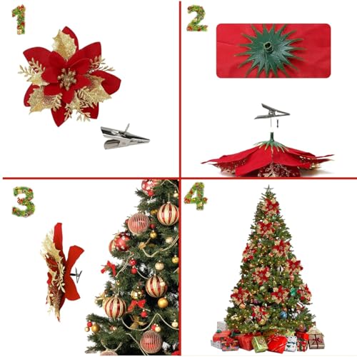 HASTHIP® 24PCS Christmas Poinsettias 5.5 inches Glittering Artificial 4 Designs Golden Red Flowers Home Decor