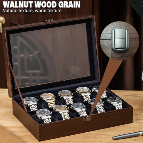 SANNIDHI® Wrist Watch Organizer Box Valuable Watch Display Box with Clear Window, 10 Watch Capacity, Velvet Fabric Liner, Wooden Wrist Watch Holder with Watch Pillows, 28.3x20.2x7.7cm