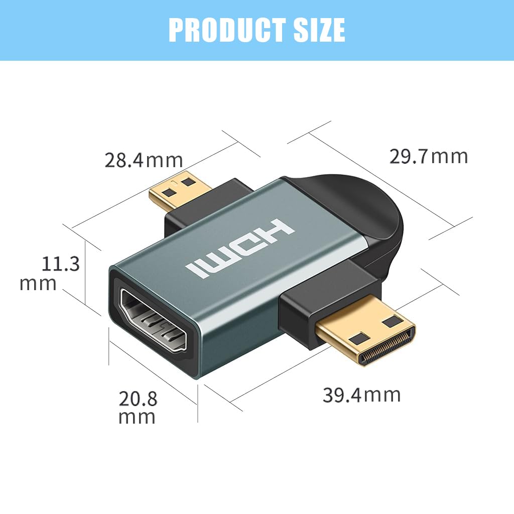 Verilux Multi HDMI Adapter, 2 in 1 HD Mini HDMI/Micro HDMI to HDM Adapter, Mini HDMI and Micro HDMI Male to HDMI Female Supports 2K Compatible with Tablet, Camera, Camcorder, DSLR