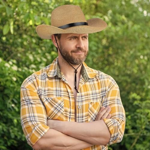 Proberos® Men's Straw Panama Hat Summer Fedora Trilby Wide Brim Adjustable Chin Strap UV Protection Breathable Lightweight Cowboy Style Ribbon Accent Outdoor Sun Cap 3PCS