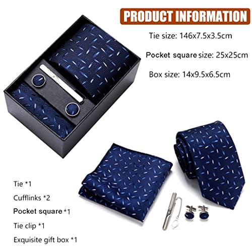 GUSTAVE Tie for Men Formal Ties Set with Pocket Square, Cufflinks and Tie Clip, Casual Business Blue Jacquard Neck Tie for Men Gift