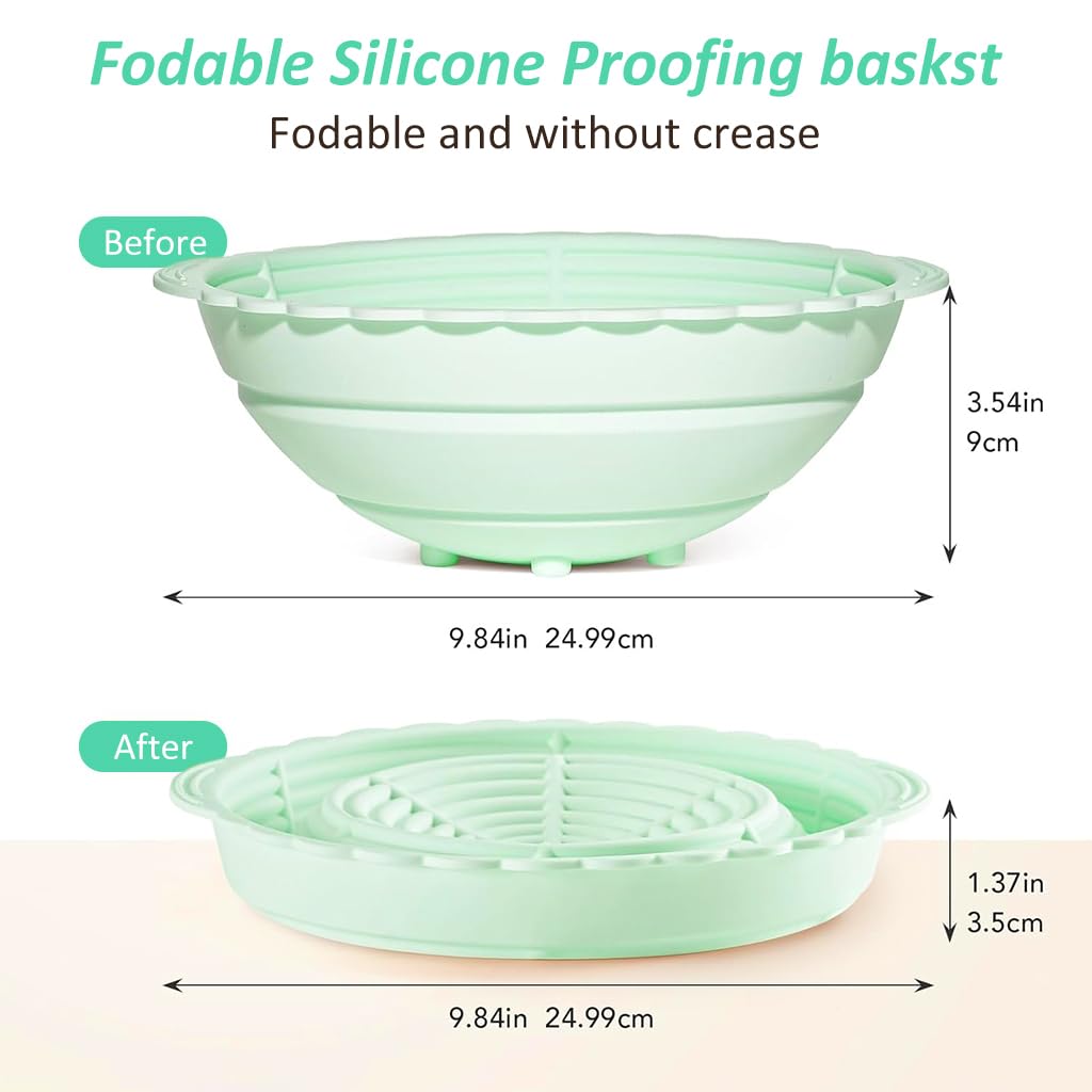 HASTHIP 9.6-Inch Silicone Bread Basket, Round Folding Silicone Bread Proofing Basket, Food-Grade BPA-Free, Non-Stick Bread Baking Supplies for Sourdough, Artisan Bread (Green)
