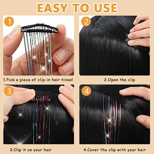 MAYCREATE® 12PCS Hair Tinsel Extensions Brown Glitter Strands 20.5 inch Clip-on Shiny Heat Resistant Fairy Kit for Women Girls Halloween Cosplay Party