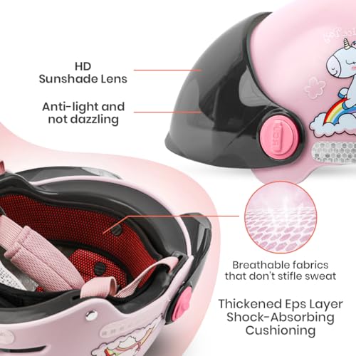 Proberos® Kids Bike Scooter Safety Helmet for 5-12 Year with UV Protection Visor Adjustable Chin Strap Anti-Impact Cushioning Cartoon Bunny Ear Unicorn Bicycle Girls Boys Pink 3 PCS