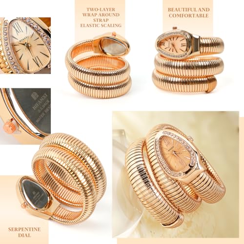 SANNIDHI® Serpentine Wrap Wristwatch for Women Bracelet Stainless Steel Coiled Bangle Rose Golden Rhinestone Embellishment Quartz Watch Jewelry Gift 3 PCS