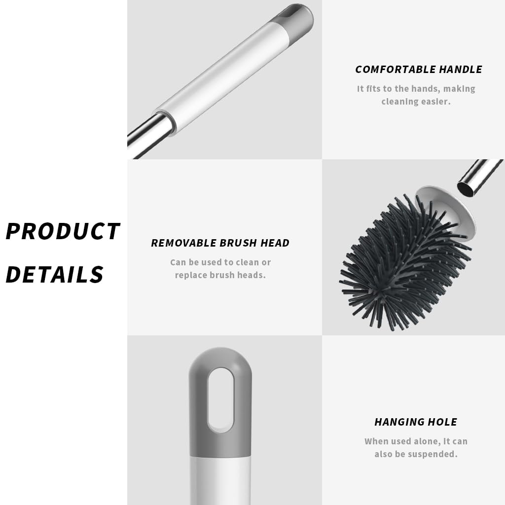 HASTHIP Toilet Brush and Holder Set, Bathroom Cleaning Bowl Brush, Silicone Toilet Bowl Cleaner Brush Kit, Bathroom Accessories with Aluminum Handle