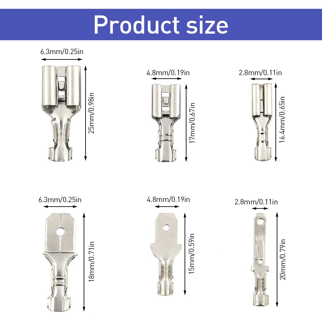 Serplex 270Pcs Terminal Connectors Kit Assorted Sized Electrical Wire Connectors 2.8mm/4.8mm/6.3mm Paired Male & Female Spade Spade Connectors Wire Crimp Terminal Blocks with Insulating Sleeves