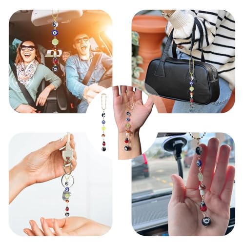 STHIRA Good Luck Evil Eye Car Hanging Accessories Interior Car Hanging with 8 Ball, Mushroom, and Four-Leaf Clover Pendant for Rear View Mirror, Boho Ladybug Yin Yang Symbol Car Decor Accessory
