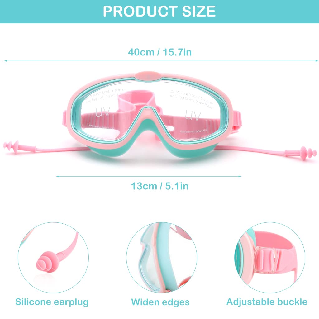 Proberos Swimming Goggles for Kids with Ear Plugs, Big Frame Leakproof Swimming Goggles for Children Kids, Professional Swim Goggles with Anti Fog and UV Protection for Boys Girls for Age 2-16(Pink)
