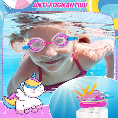 Proberos® Kids Swimming Goggles Anti-Fog UV Protection Adjustable Silicone Seal Leak-Free Fit Cartoon Rainbow Unicorn Design Ear Plugs Case 6-12 Years 3PCS