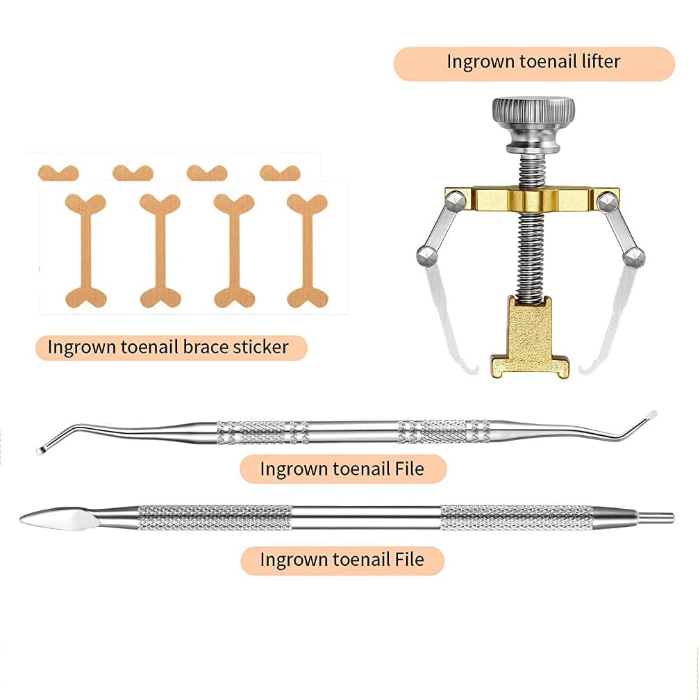 MAYCREATE Ingrown Toenail Treatment Tool Kit 8 Pieces Ingrown Toenail Corrector Kit Includes Ingrown Toenail Lifter, Ingrown Toenail Cuticle Tool, 16 Toenails Brace Stickers, Toenail File