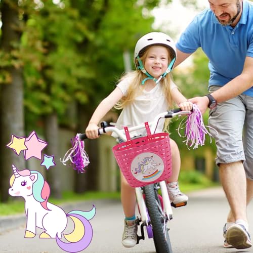 Proberos® Girls Bike Basket Kids Plastic Front Cute Pink Unicorn Adjustable Fastening Strap Design Universal for Bicycle Scooter Tricycles 20x13x15cm 2PCS