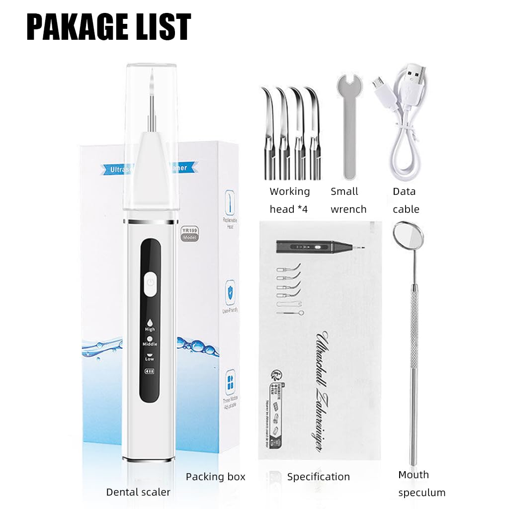HANNEA Teeth Whitening Kit Electric Tartar Remover with LED, Teeth Stain Remover with 3 Working Modes, Teeth Cleaning Kits With 4 Stainless Steel Bits, Oral Mirror, White