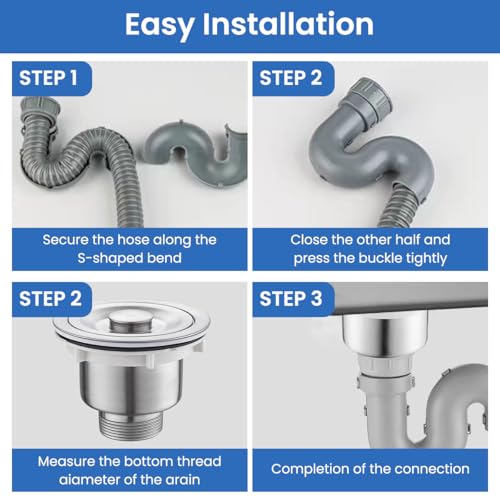 HASTHIP® Kitchen Sink Drain Pipe Kit with Universal Fit 3.35-4.33 Inches Stainless Steel Flange U-Shaped P-Trap Water Retaining Lid Anti-Clog Anti-Odor Robust for Home Use 3PCS