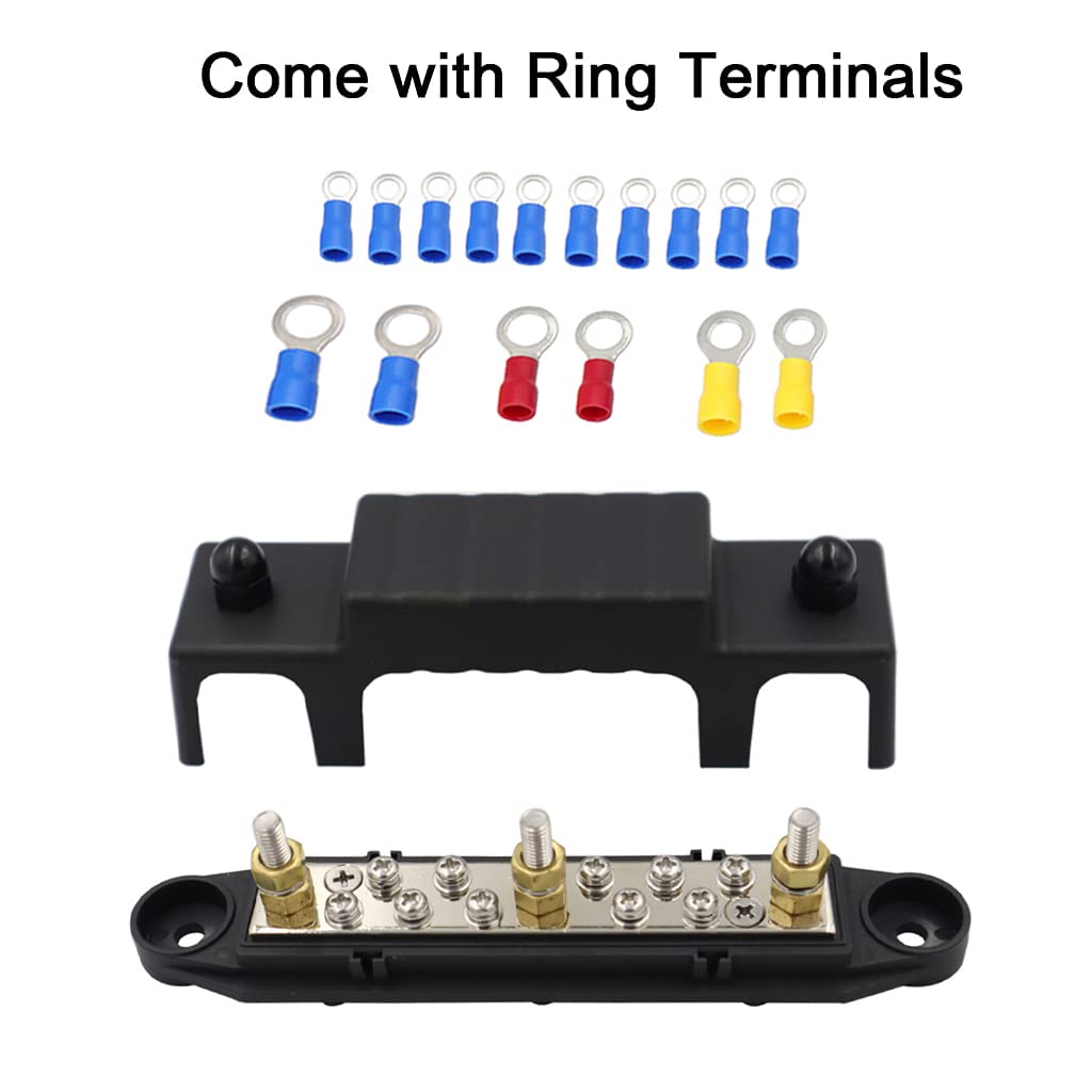 Serplex Bus Bar-3x1/4'' Post, 10x#8 Screw Terminal Power Distribution Block with 16Pcs Ring Terminals (Black)