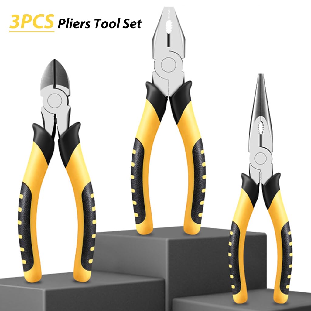 Serplex 6'' Pliers Tool Set of 3Pcs Pliers Needle-nose Plier Combination Plier Side Cutter Rubberized Anti-slip Handle Design Multi-purpose Pliers for Electrical Work, Automotive Repair, Crafts