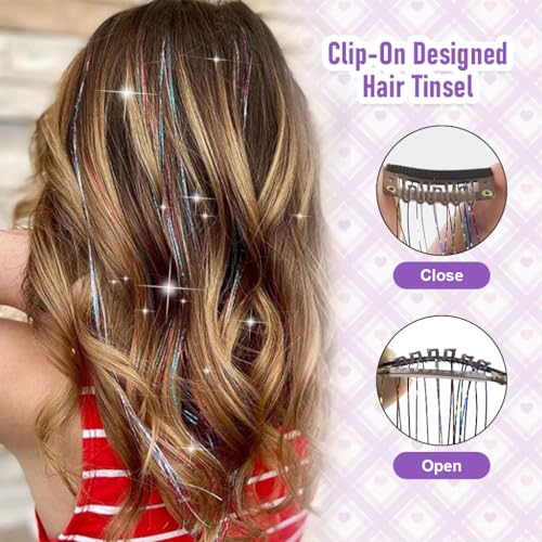 MAYCREATE® 12PCS Hair Tinsel Extensions for Women Girls Glitter 20 Inch Clip-in Fairy Highlight Sparkling Clips for Party Festival Colorful