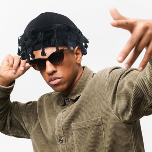 GUSTAVE Cap for Men Trendy Durag Cap Stretchy Men Hip Hop Cap Silk Satin Lined Cap Wrap-round Tassels Braid Design