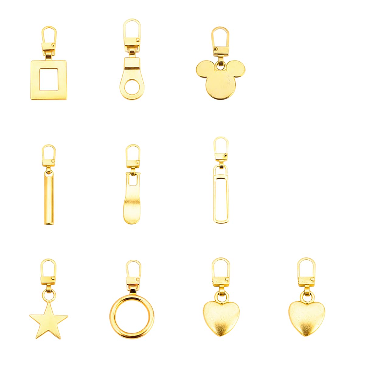 PALAY 10Pcs Metal Zipper Pull Replacement Set, 9 Styles Detachable Zipper Pullers Universal Gold Zipper Pulls for Bag, Clothes, Luggage, Backpack, Jacket