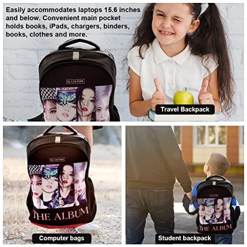 PALAY Blackpink Bag for Girls, Blackpink Kpop Theme Prints School Backpack, Blackpink Laptop Backpack, Large Capacity College School Bag for Boys Girls, Blackpink Fans Gift (Black)
