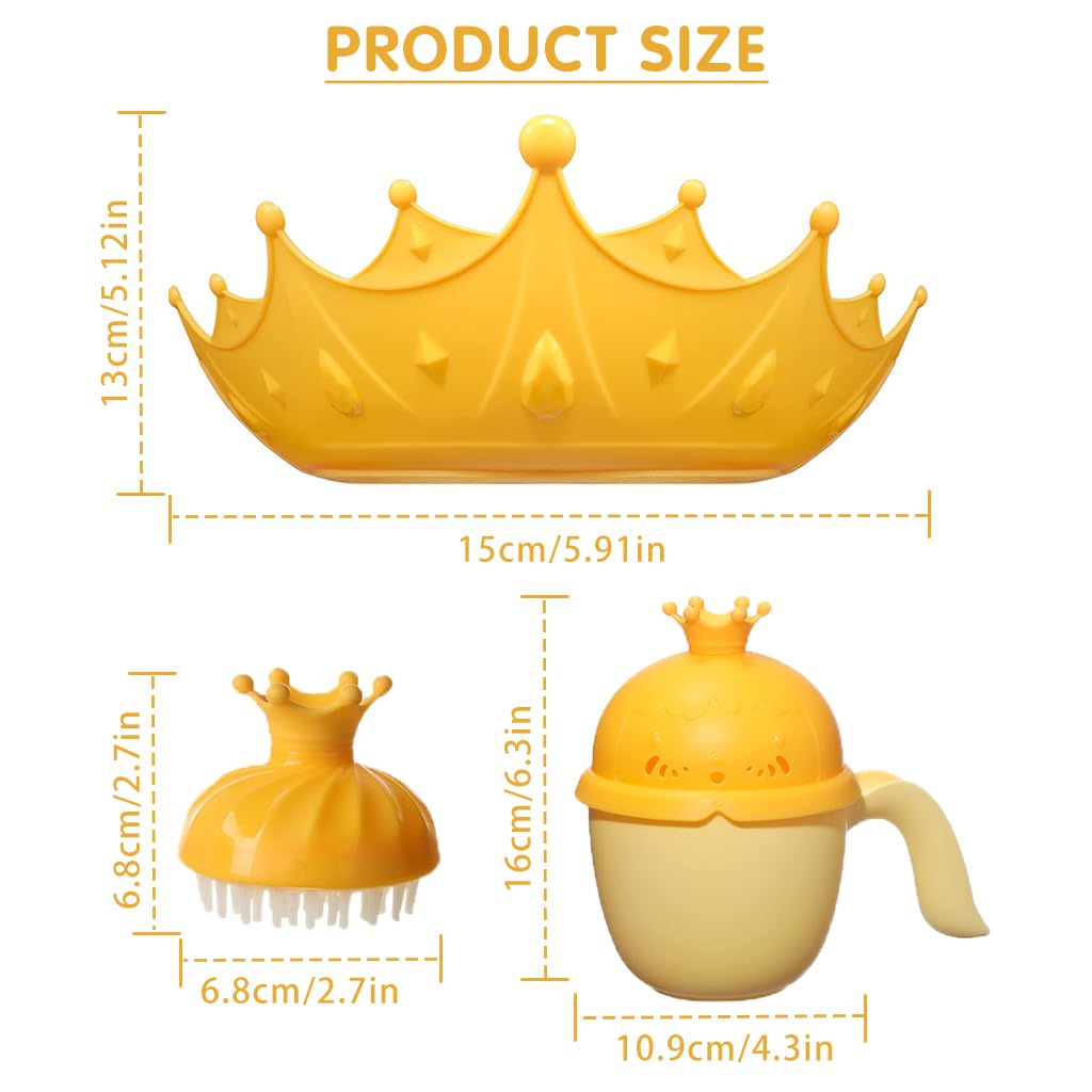SNOWIE SOFT Baby Shower Cap Hair Brush Rinse Cup Soft Silicone Crown Cap Bath Cap Protecting Eye & Ear Adjustable Baby Shower Crown Cap Baby Shower Gift, Yellow