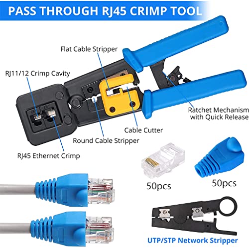 Serplex RJ45 Crimping Tool for Cat6 Cat5e Cat5, 50PCS RJ45 Cat6 Pass-Through Connectors, 50PCS Covers, Network Cable Tester, Screwdriver, Wire Punch Down Cutter, Wire Stripper, with Storage Bag