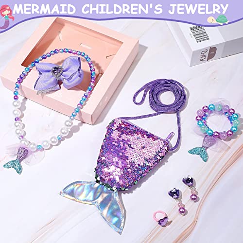 SANNIDHI® Mermaid Kids Jewelry Set Cute Pearl Necklace Bracelet for Girls Included Sling Bag Hair Bow Ring Earrings Princess Kit Theme Party Dress Up Christmas Gift 2PCS