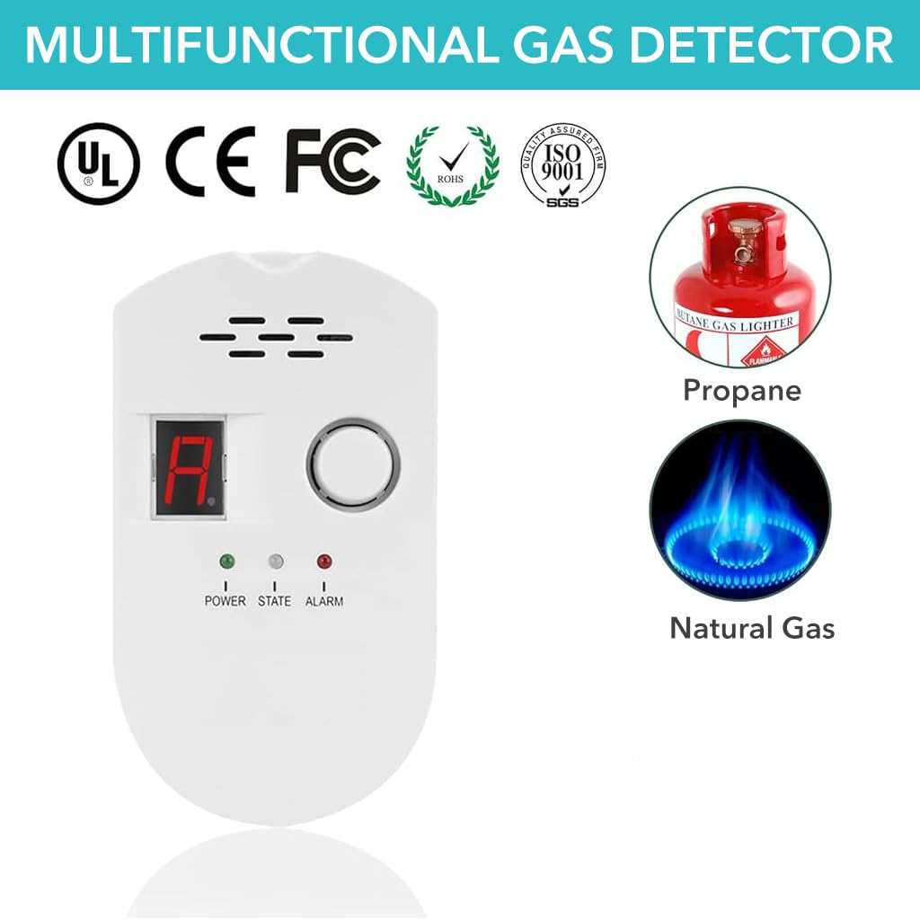 Serplex Kitchen Gas Detector Natural Gas Leak Detector Gas Leakage Detector Alarm Household Gas Alarm with Digital Display Plug and Go Methane Propane Gas Detector Alarm