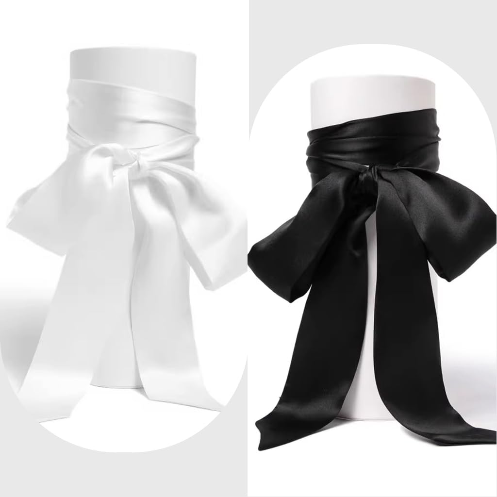PALAY Chiffon Sash Belts Black and White Set of 2pcs Chiffon Sash Belts Luxury Silk-touch Waist Belt Dress Sash Belt for Dresses, Blouses, Evening Dress, 1.5 inches x 125 inches