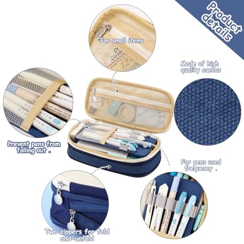 HASTHIP® Nylon Large Capacity Pencil Pouch Durable Storage Multiple Compartment Double Zipper Portable Box for Kids College Student Teen 22X11Cm Navy Blue 3 PCS