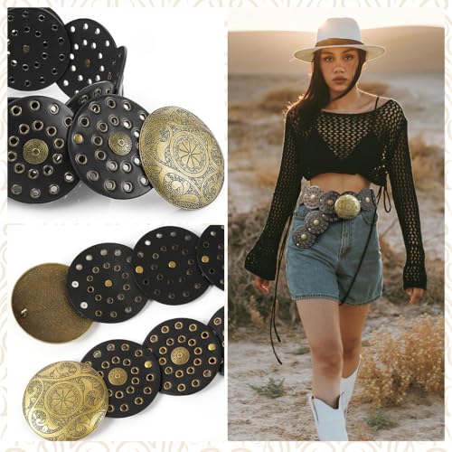 SANNIDHI® Women Leather Belt Dresses Stylish Vintage Boho Disk Concho Waist Western Punk Cow Metal Buckle Y2K Accessories Jeans Skirts Black 2PCS