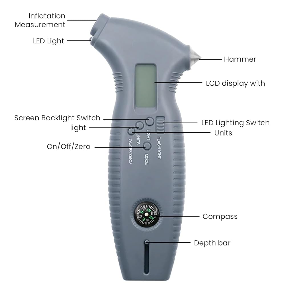 STHIRA Digital Tyre Air Pressure Guage Tread Depth Gauge 8 in 1 Tyre Air Pressure Guage LCD Backlight Multifunctional Tyre Air Pressure Guage with Safety Hammer, Belt Cutter, Battery Operated