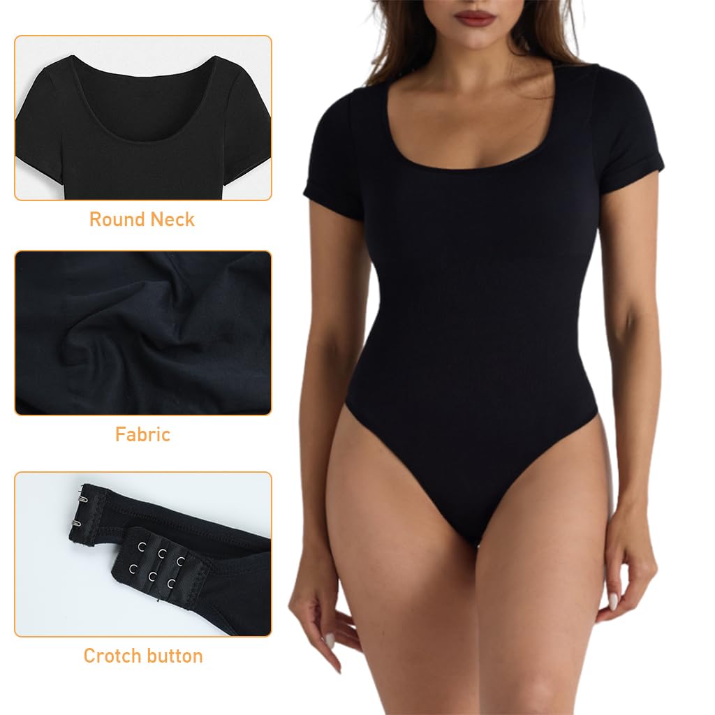 PALAY Women Bodysuit Short Sleeve Square Neck Bodysuit Nylon High Stretchy Bodysuit Base Layer Bodysuit Tummy Control Bodysuit, XL