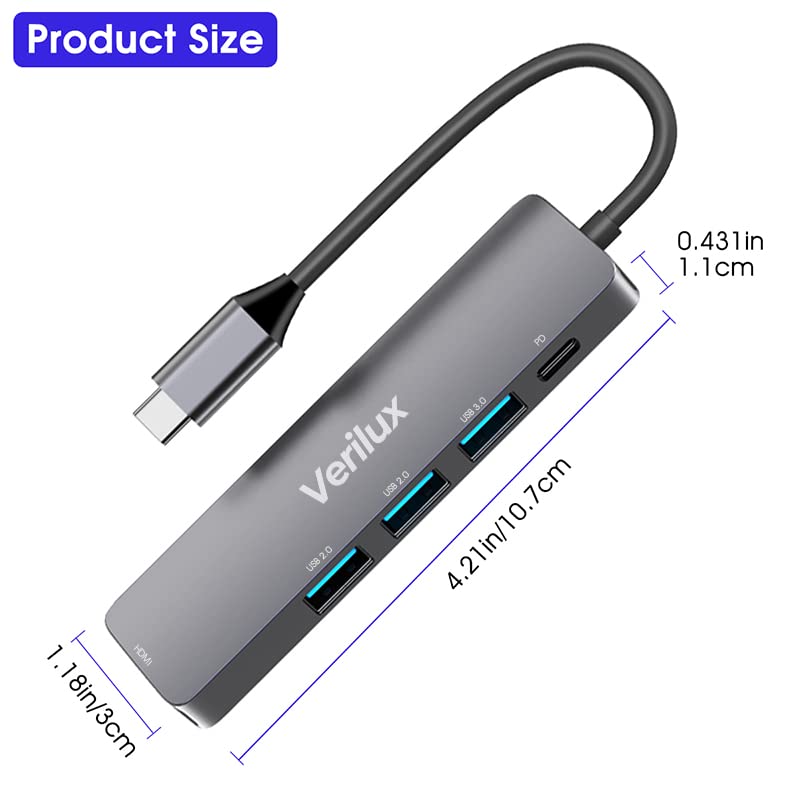 Verilux USB C Hub, 5 in 1 Portable Aluminum USB Hub Type C Hub with 4K HDMI Output, USB 3.0 Ports,USB C 100W PD, Compatible with,MacBook Pro/Air/ipad Pro 2018. More USB C Devices
