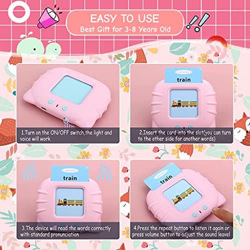 PATPAT Talking Flash Cards Learning Toys, English Words Learning Machine for Kids,Reading Machine with 112 Flash Cards Spelling Gifts for Preschool Kids Boys Girls Toddlers Age 2 3 4 5 6 7 8 - Pink