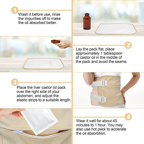HANNEA® Castor Oil Pack, Oil Pack Wrap for Liver Detox, Reusable & Highly Absorbent Caster Oil Packs Cotton Flannel with Elastic Strap, Khaki 3 PCS